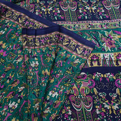 Indian Vintage Sari Green & Blue 100% Pure Silk Printed Sarees 6yd Sewing Craft Fabric Dress Making Soft Wrap Crafting Quilting Upcycle