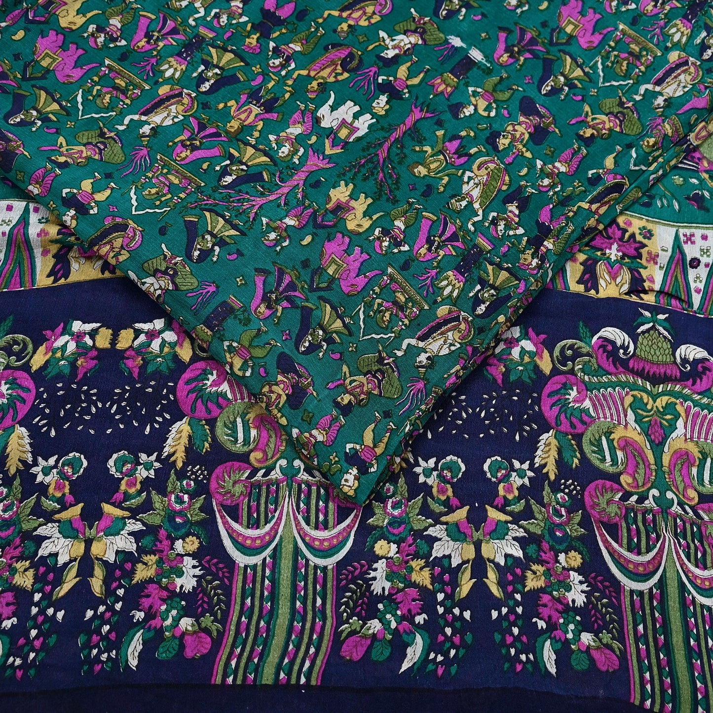 Indian Vintage Sari Green & Blue 100% Pure Silk Printed Sarees 6yd Sewing Craft Fabric Dress Making Soft Wrap Crafting Quilting Upcycle