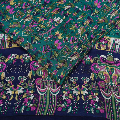 Indian Vintage Sari Green & Blue 100% Pure Silk Printed Sarees 6yd Sewing Craft Fabric Dress Making Soft Wrap Crafting Quilting Upcycle
