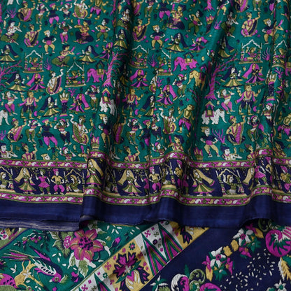 Indian Vintage Sari Green & Blue 100% Pure Silk Printed Sarees 6yd Sewing Craft Fabric Dress Making Soft Wrap Crafting Quilting Upcycle
