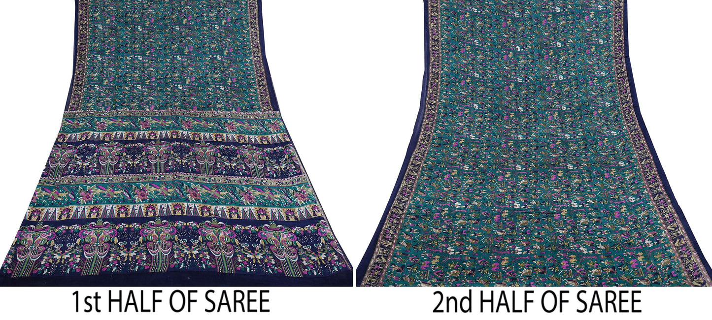 Indian Vintage Sari Green & Blue 100% Pure Silk Printed Sarees 6yd Sewing Craft Fabric Dress Making Soft Wrap Crafting Quilting Upcycle