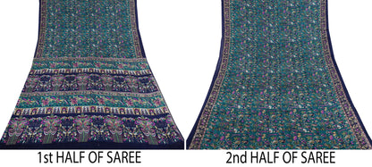 Indian Vintage Sari Green & Blue 100% Pure Silk Printed Sarees 6yd Sewing Craft Fabric Dress Making Soft Wrap Crafting Quilting Upcycle