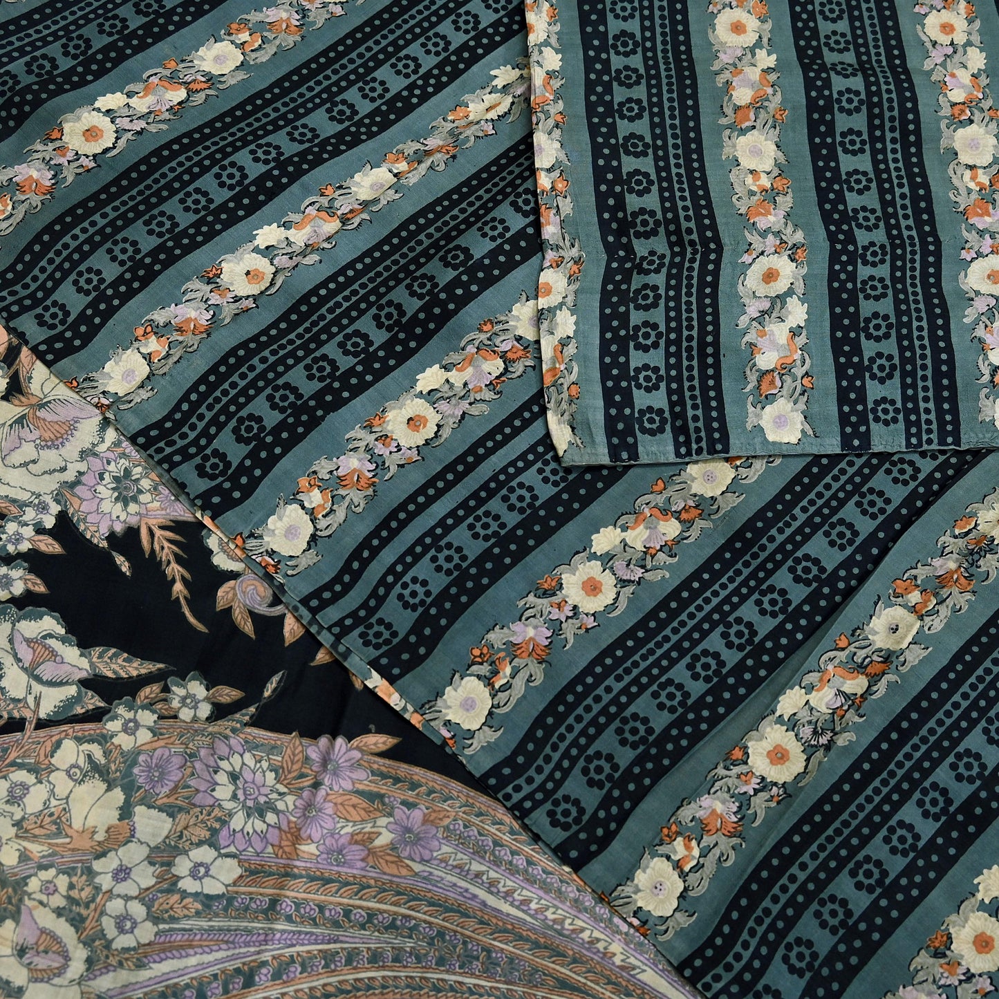 Indian Vintage Sari Black & Gray 100% Pure Silk Printed Saree 5yd Sewing Craft Fabric Dress Making Soft Crafting Quilting Upcycle Used