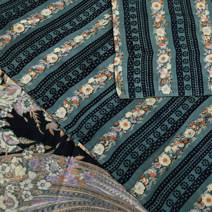 Indian Vintage Sari Black & Gray 100% Pure Silk Printed Saree 5yd Sewing Craft Fabric Dress Making Soft Crafting Quilting Upcycle Used