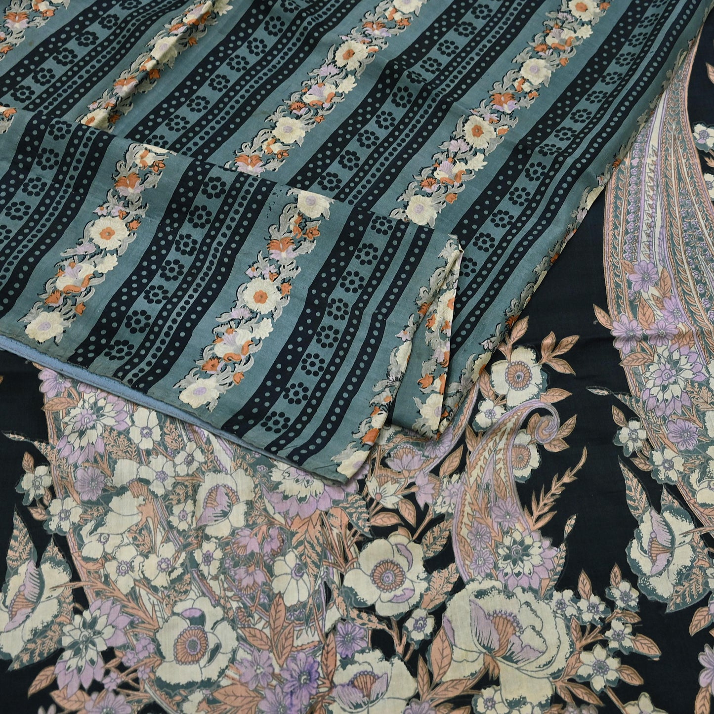 Indian Vintage Sari Black & Gray 100% Pure Silk Printed Saree 5yd Sewing Craft Fabric Dress Making Soft Crafting Quilting Upcycle Used