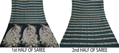 Indian Vintage Sari Black & Gray 100% Pure Silk Printed Saree 5yd Sewing Craft Fabric Dress Making Soft Crafting Quilting Upcycle Used
