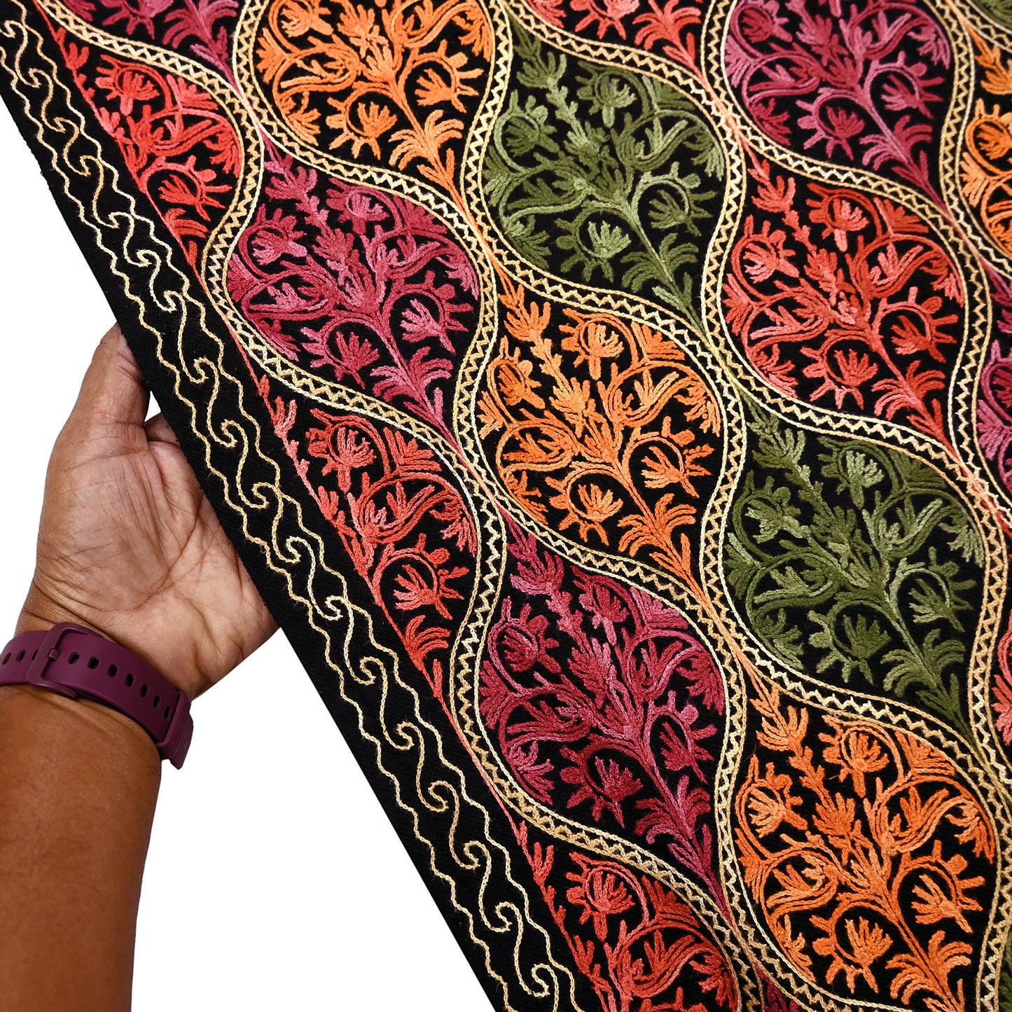 Vintage Stole Black woolen Handmade Ari work Long Throw Warm Stole Floral Design Fringes