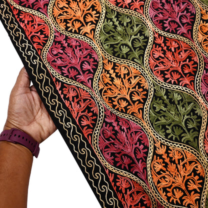 Vintage Stole Black woolen Handmade Ari work Long Throw Warm Stole Floral Design Fringes