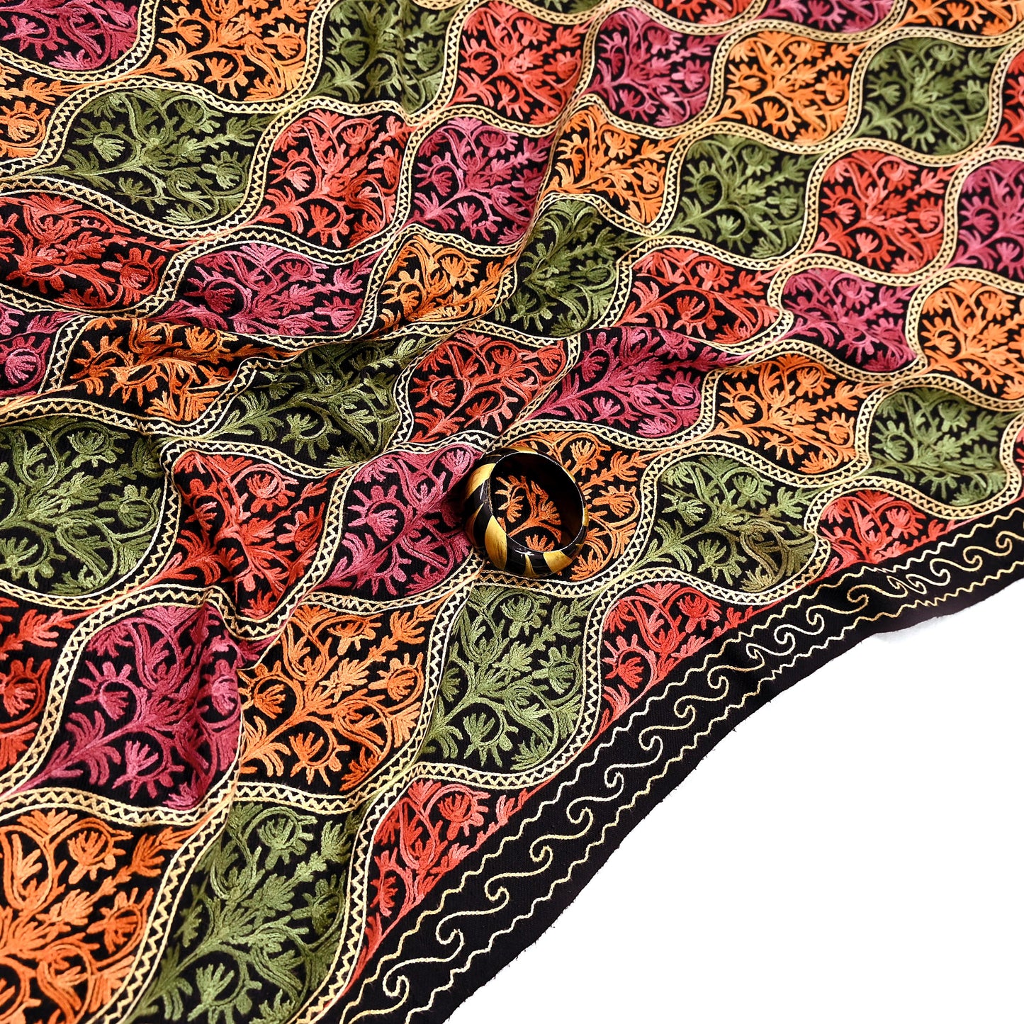 Vintage Stole Black woolen Handmade Ari work Long Throw Warm Stole Floral Design Fringes