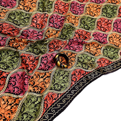 Vintage Stole Black woolen Handmade Ari work Long Throw Warm Stole Floral Design Fringes