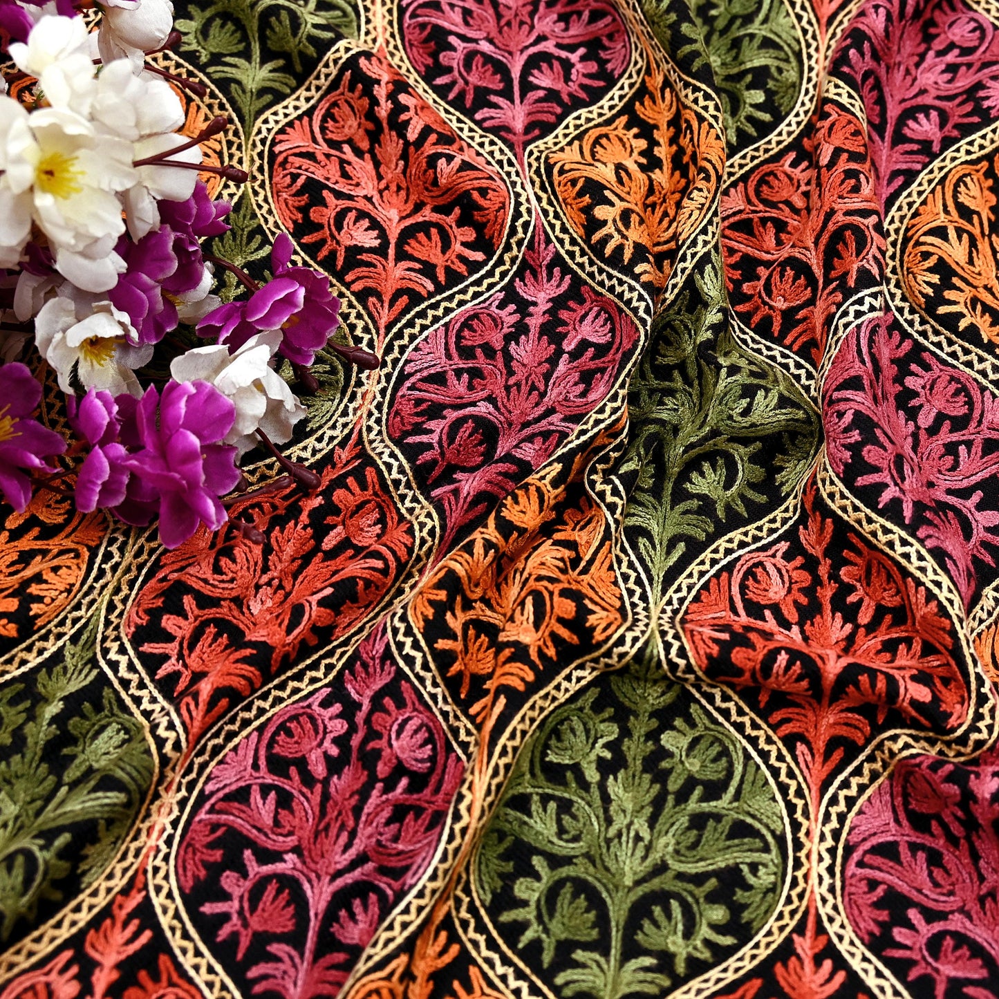 Vintage Stole Black woolen Handmade Ari work Long Throw Warm Stole Floral Design Fringes