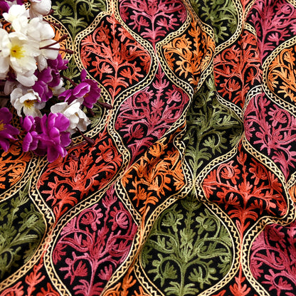 Vintage Stole Black woolen Handmade Ari work Long Throw Warm Stole Floral Design Fringes