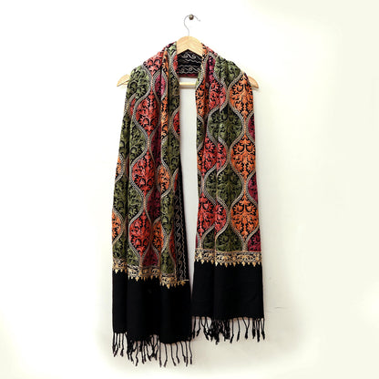 Vintage Stole Black woolen Handmade Ari work Long Throw Warm Stole Floral Design Fringes