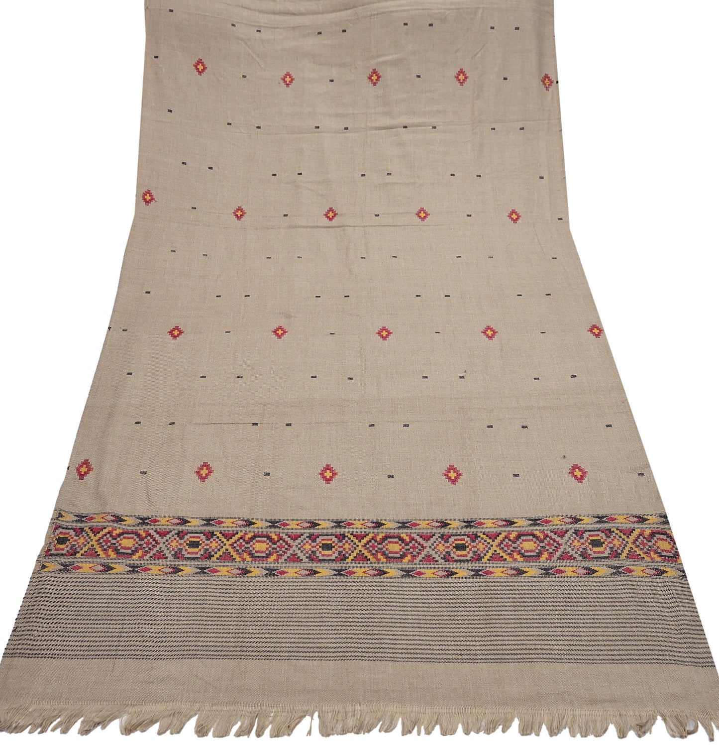 Vintage Brown Woolen Handmade Woven Long Throw Stole Warm Geometric Design Fringes