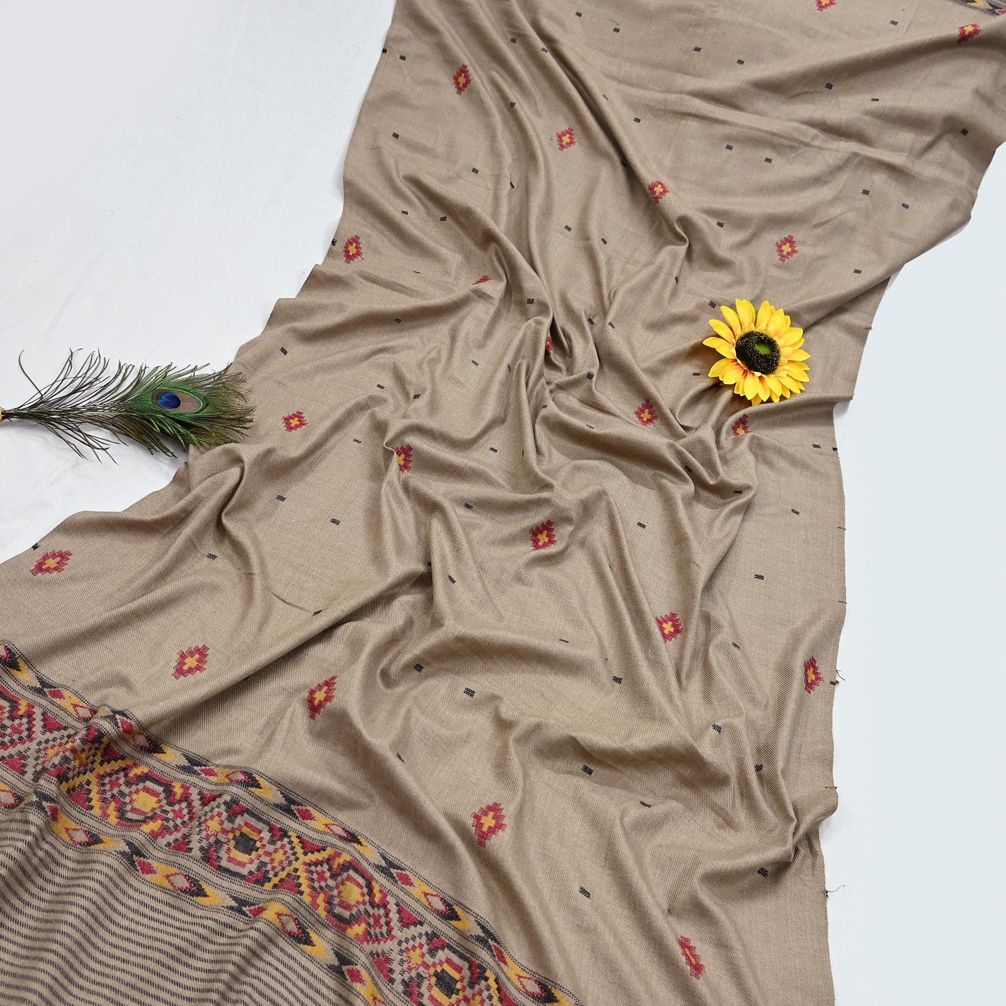 Vintage Brown Woolen Handmade Woven Long Throw Stole Warm Geometric Design Fringes