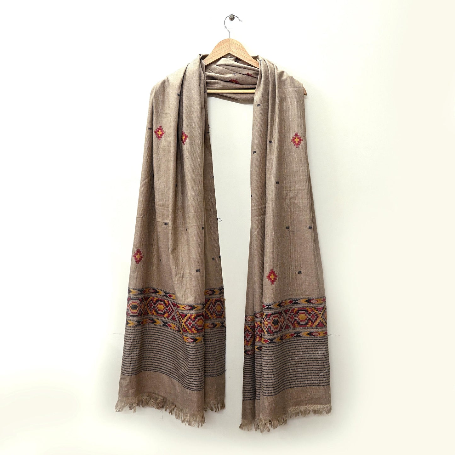 Vintage Brown Woolen Handmade Woven Long Throw Stole Warm Geometric Design Fringes