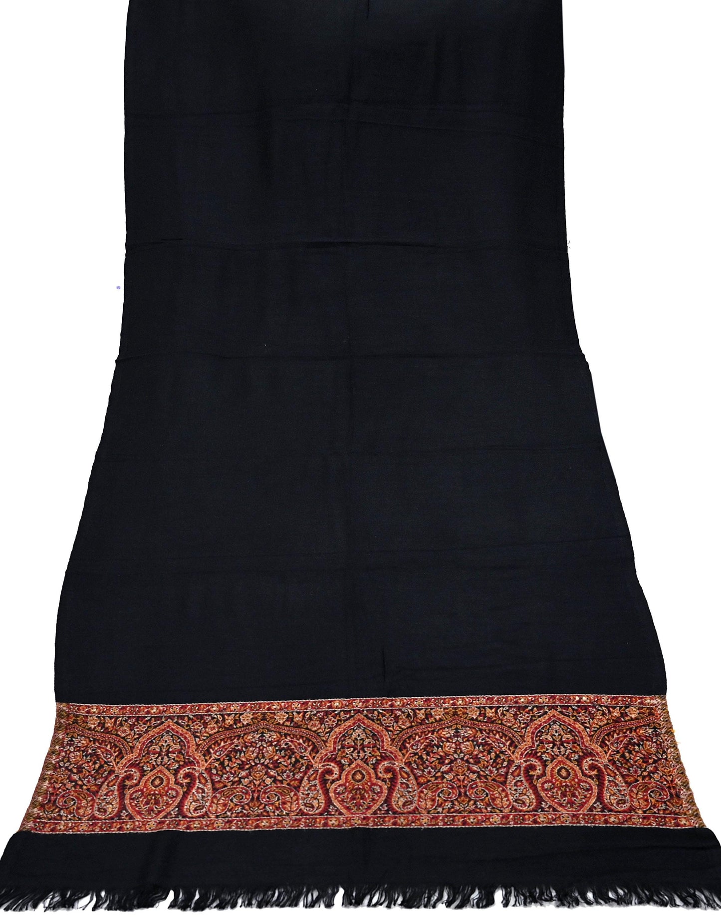 Vintage Black Viscose Stole Handmade Woven Long Throw Stole Warm Floral Design Fringes