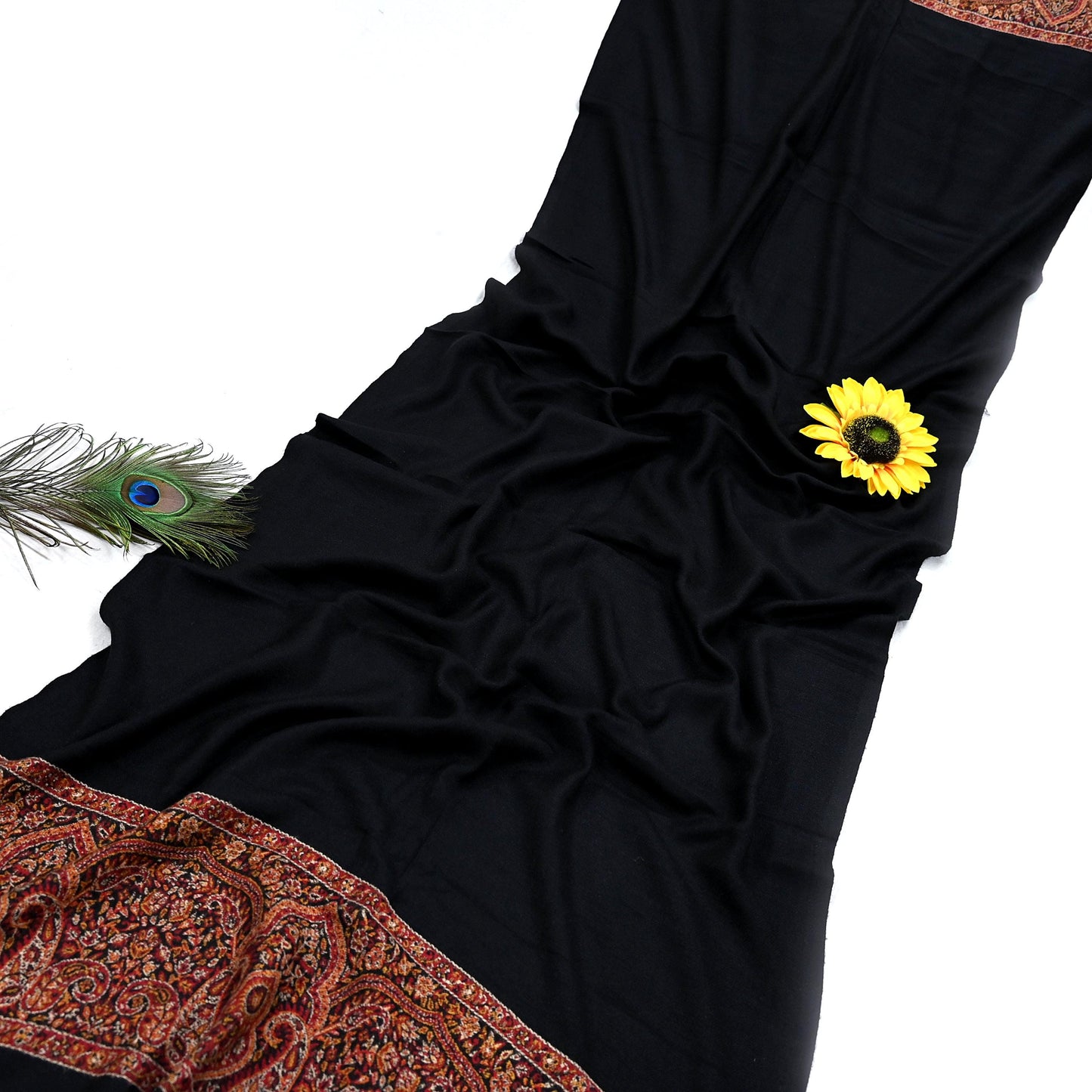 Vintage Black Viscose Stole Handmade Woven Long Throw Stole Warm Floral Design Fringes