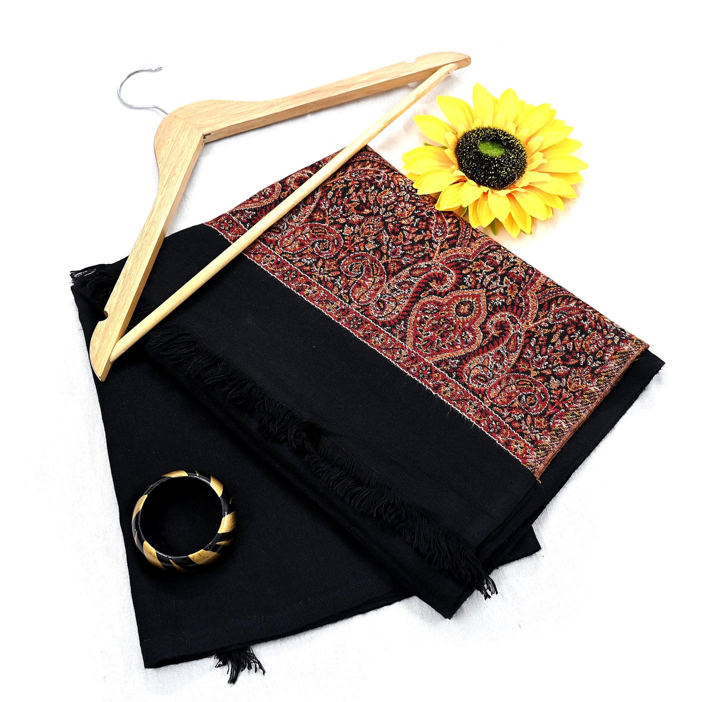 Vintage Black Viscose Stole Handmade Woven Long Throw Stole Warm Floral Design Fringes