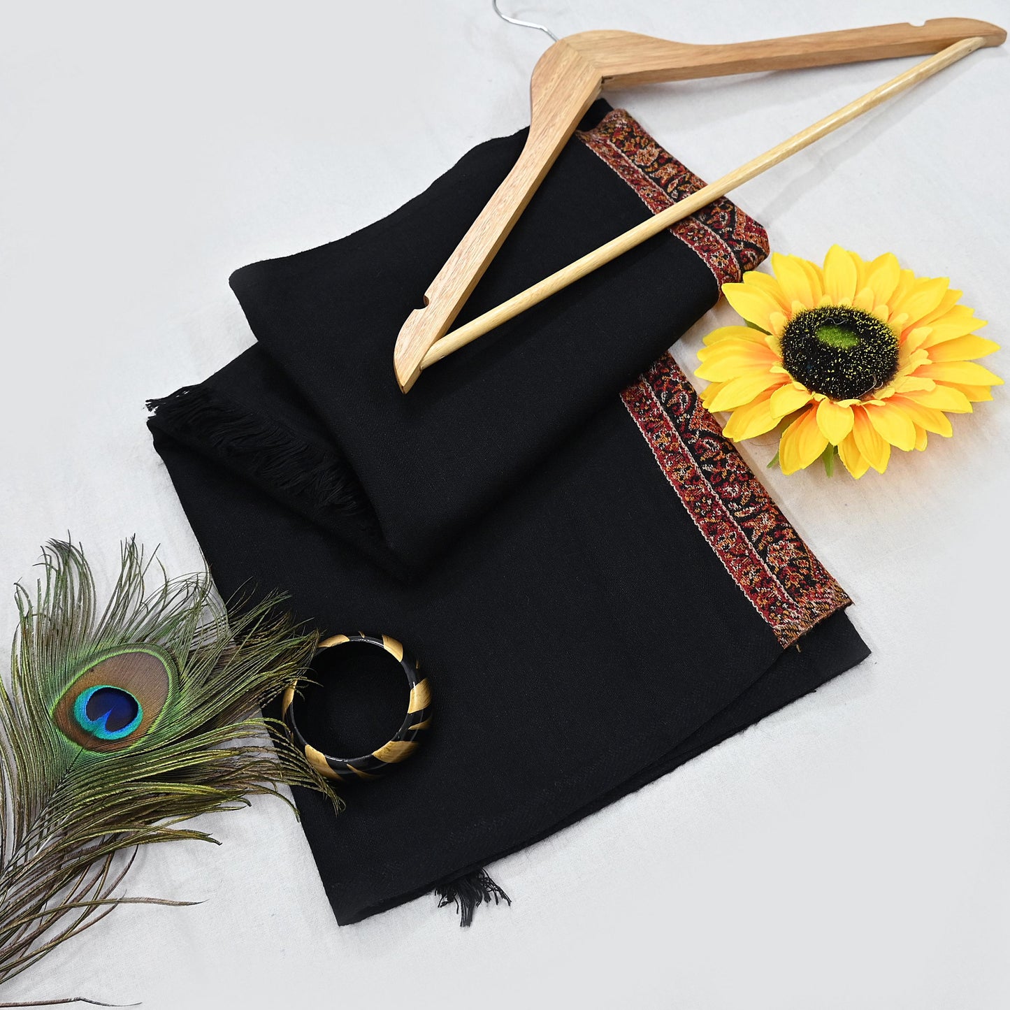 Vintage Black Viscose Stole Handmade Woven Long Throw Stole Warm Floral Design Fringes