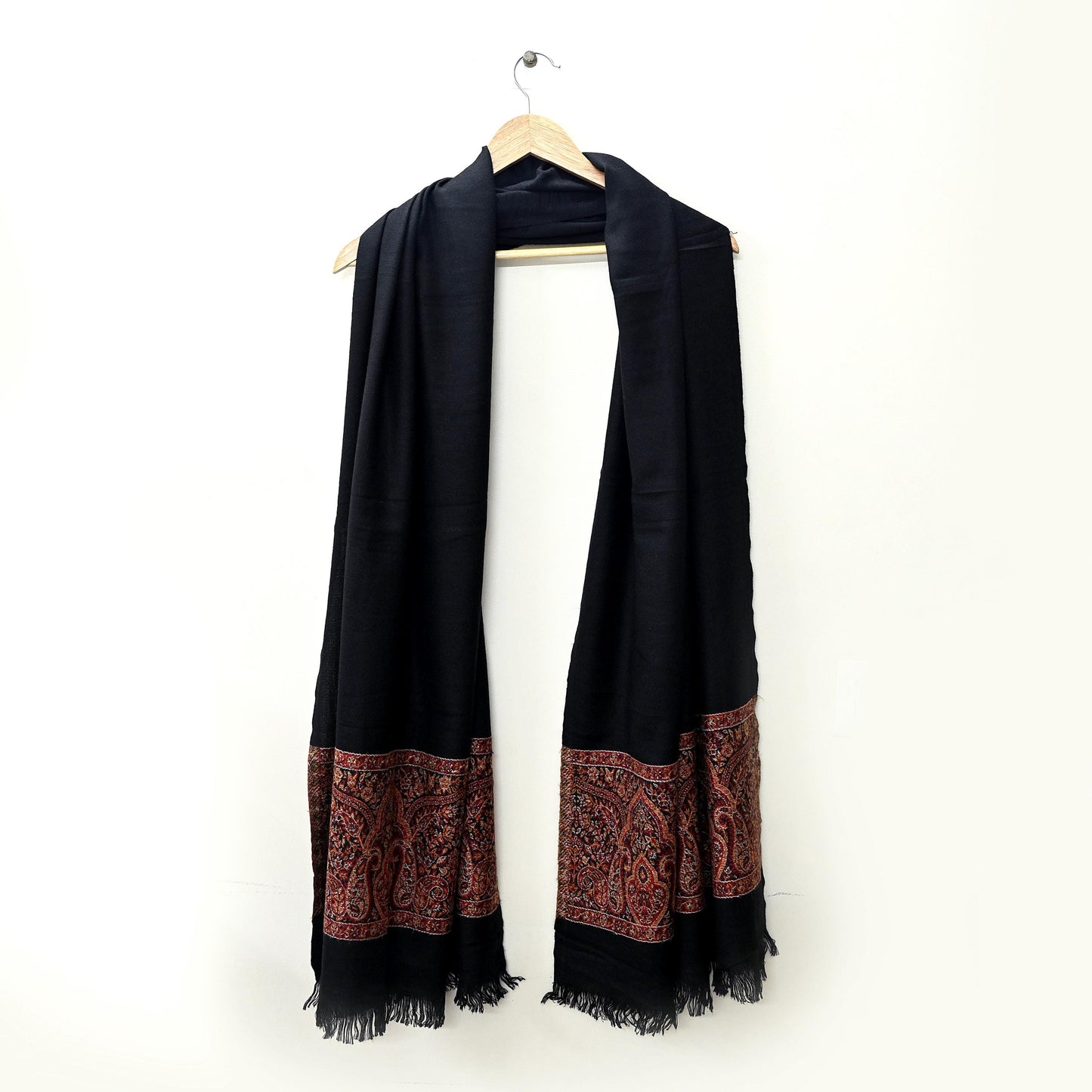 Vintage Black Viscose Stole Handmade Woven Long Throw Stole Warm Floral Design Fringes