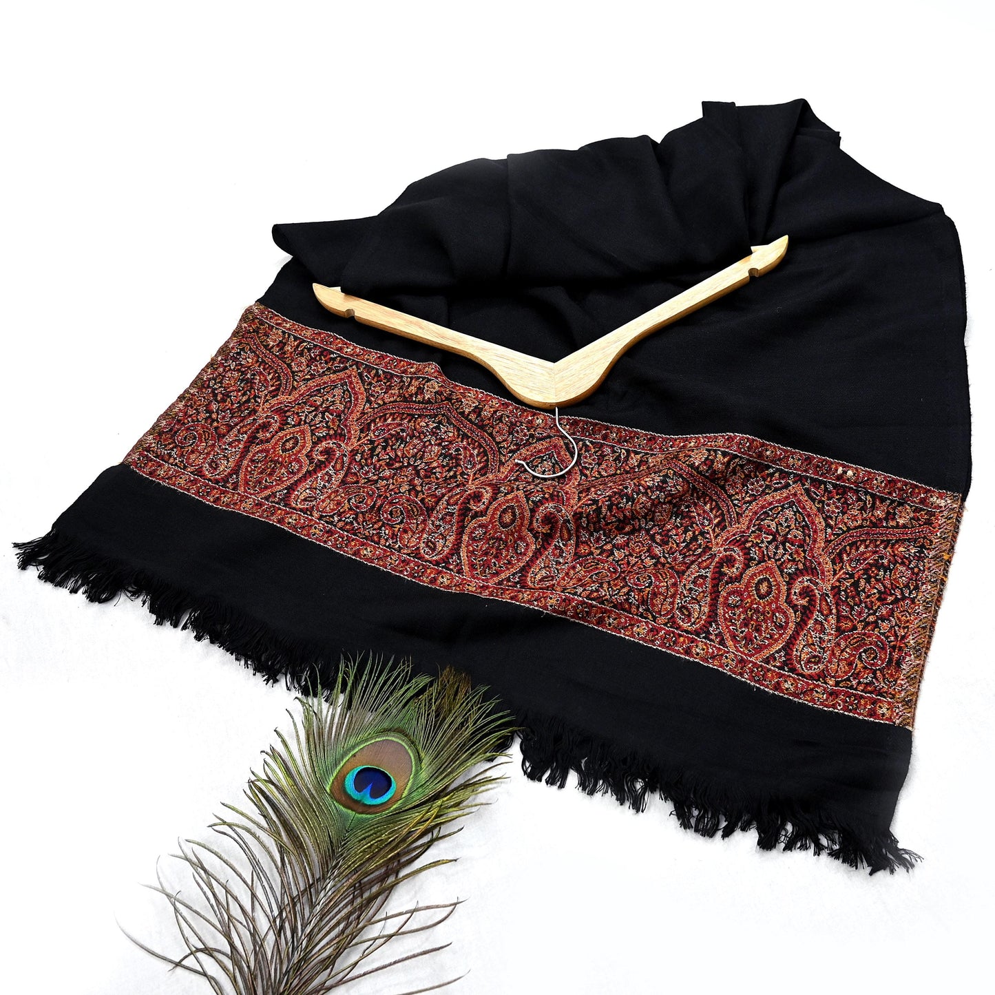 Vintage Black Viscose Stole Handmade Woven Long Throw Stole Warm Floral Design Fringes