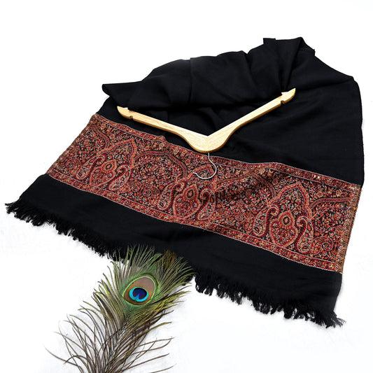 Vintage Black Viscose Stole Handmade Woven Long Throw Stole Warm Floral Design Fringes