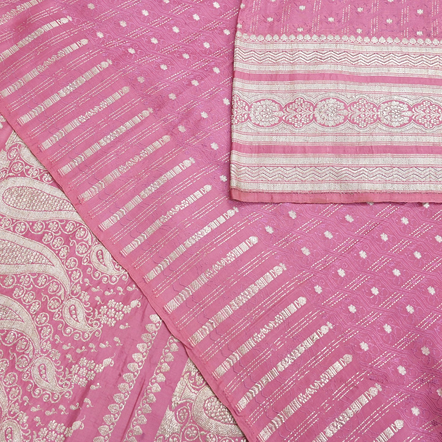 Indian Vintage Sari Heavy Wedding Pink Pure Satin Silk Woven Brocade Banarasi Sarees Silver Zari 5Yd Dress making Crafting Upcycle