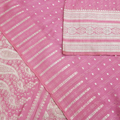 Indian Vintage Sari Heavy Wedding Pink Pure Satin Silk Woven Brocade Banarasi Sarees Silver Zari 5Yd Dress making Crafting Upcycle