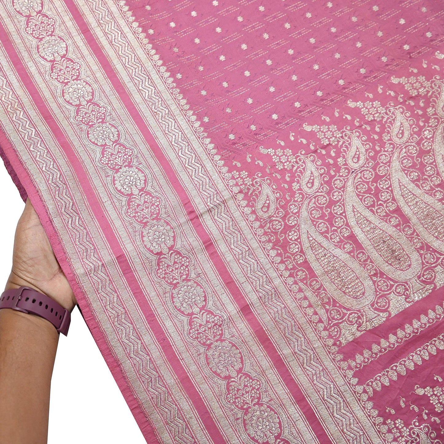 Indian Vintage Sari Heavy Wedding Pink Pure Satin Silk Woven Brocade Banarasi Sarees Silver Zari 5Yd Dress making Crafting Upcycle