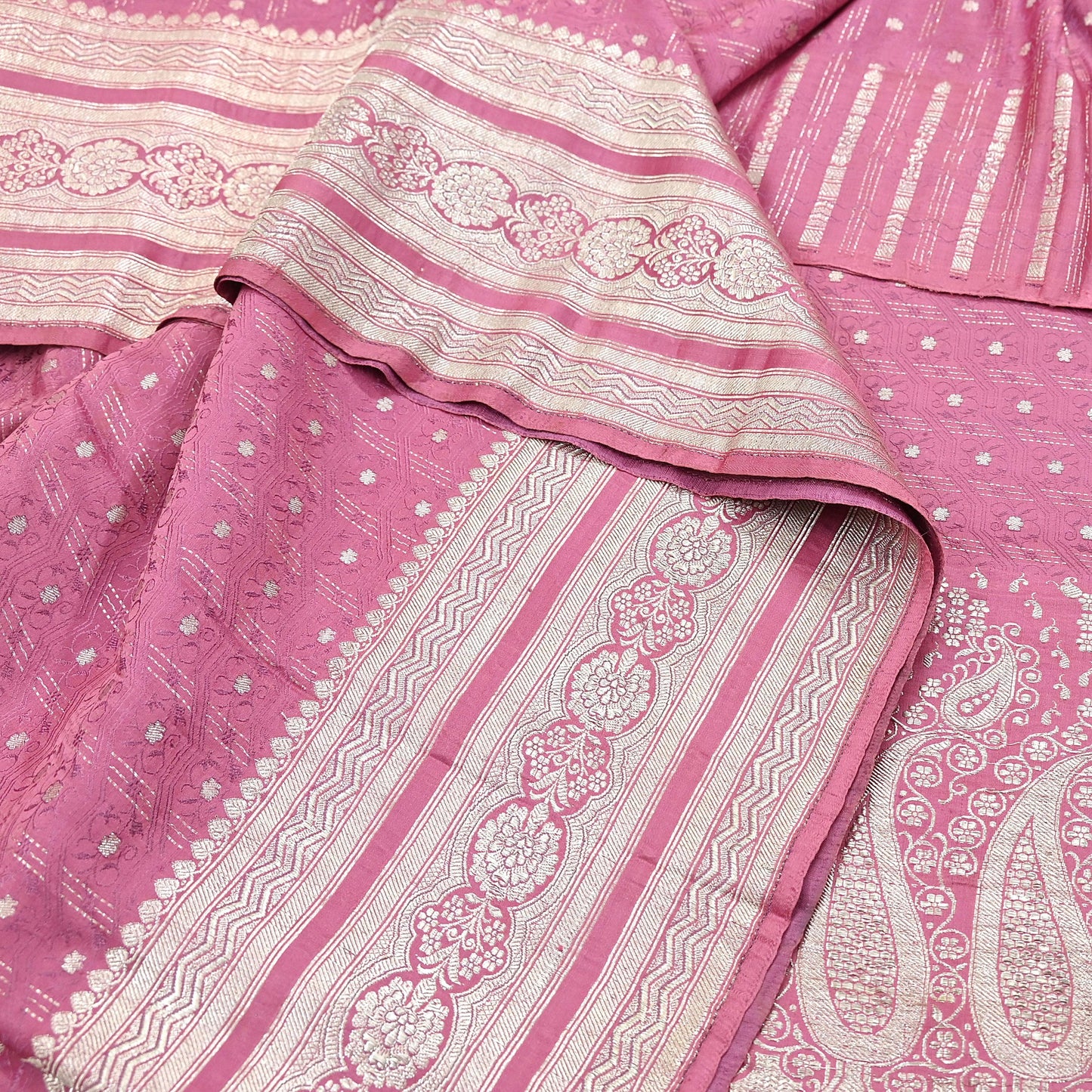 Indian Vintage Sari Heavy Wedding Pink Pure Satin Silk Woven Brocade Banarasi Sarees Silver Zari 5Yd Dress making Crafting Upcycle