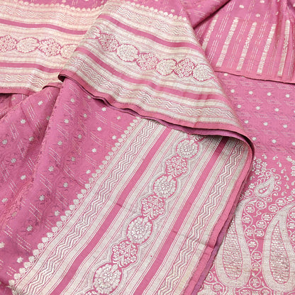 Indian Vintage Sari Heavy Wedding Pink Pure Satin Silk Woven Brocade Banarasi Sarees Silver Zari 5Yd Dress making Crafting Upcycle