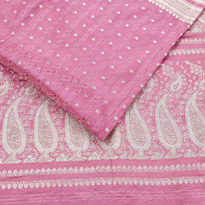 Indian Vintage Sari Heavy Wedding Pink Pure Satin Silk Woven Brocade Banarasi Sarees Silver Zari 5Yd Dress making Crafting Upcycle