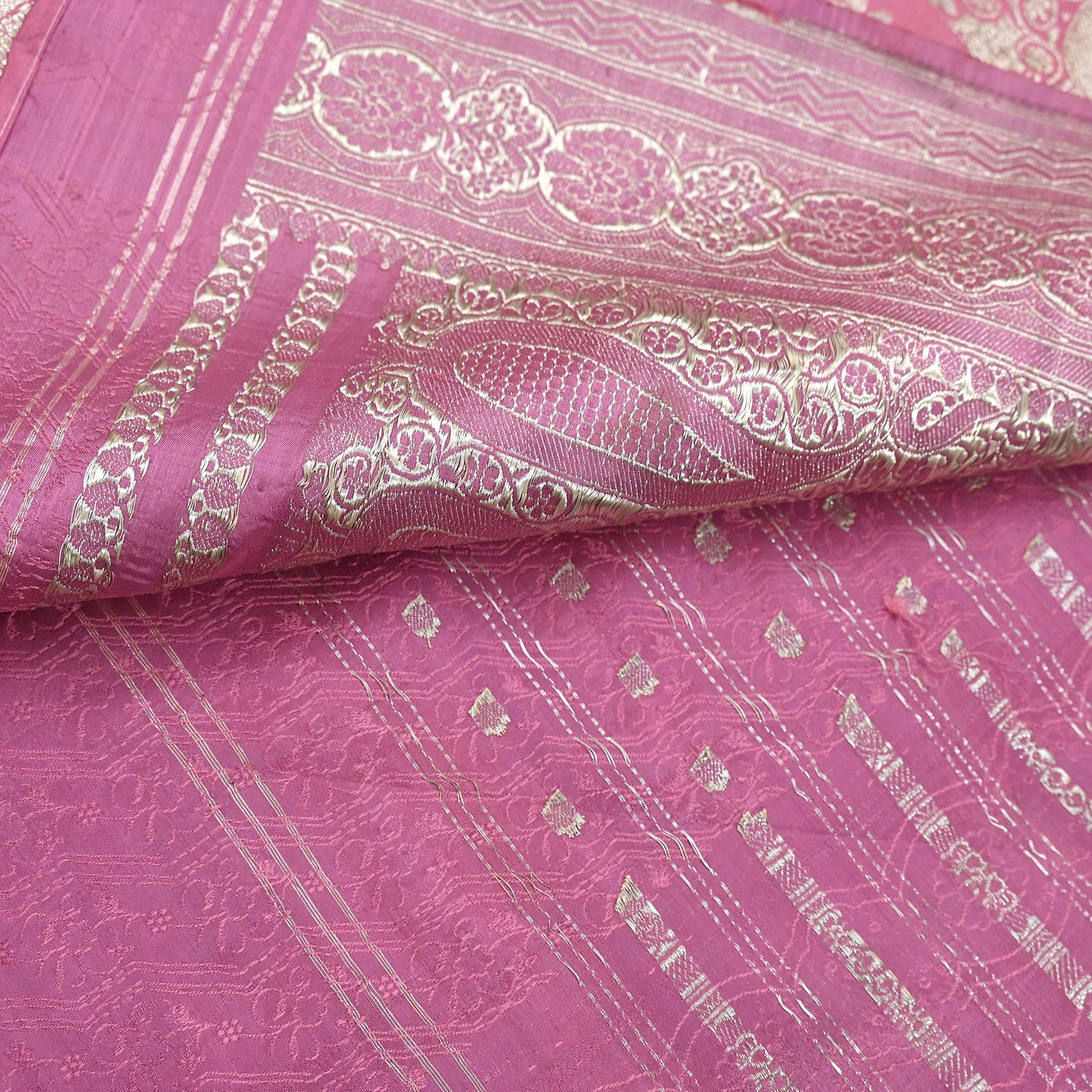 Indian Vintage Sari Heavy Wedding Pink Pure Satin Silk Woven Brocade Banarasi Sarees Silver Zari 5Yd Dress making Crafting Upcycle
