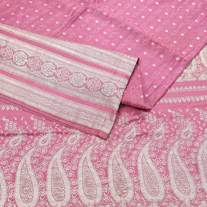 Indian Vintage Sari Heavy Wedding Pink Pure Satin Silk Woven Brocade Banarasi Sarees Silver Zari 5Yd Dress making Crafting Upcycle