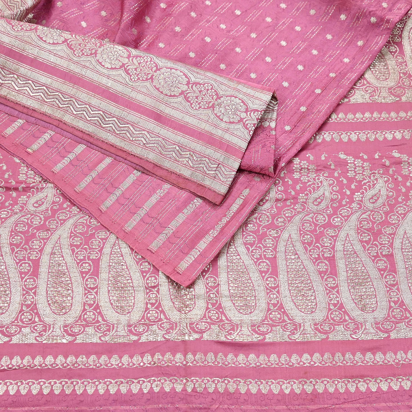 Indian Vintage Sari Heavy Wedding Pink Pure Satin Silk Woven Brocade Banarasi Sarees Silver Zari 5Yd Dress making Crafting Upcycle
