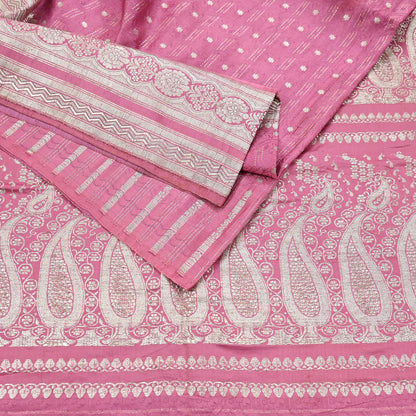 Indian Vintage Sari Heavy Wedding Pink Pure Satin Silk Woven Brocade Banarasi Sarees Silver Zari 5Yd Dress making Crafting Upcycle