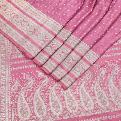 Indian Vintage Sari Heavy Wedding Pink Pure Satin Silk Woven Brocade Banarasi Sarees Silver Zari 5Yd Dress making Crafting Upcycle