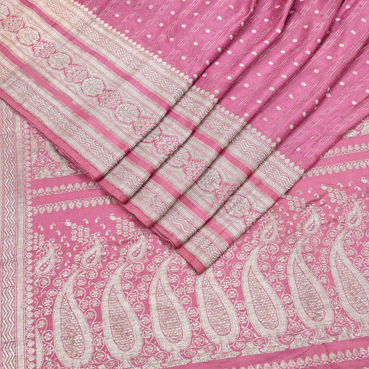 Indian Vintage Sari Heavy Wedding Pink Pure Satin Silk Woven Brocade Banarasi Sarees Silver Zari 5Yd Dress making Crafting Upcycle