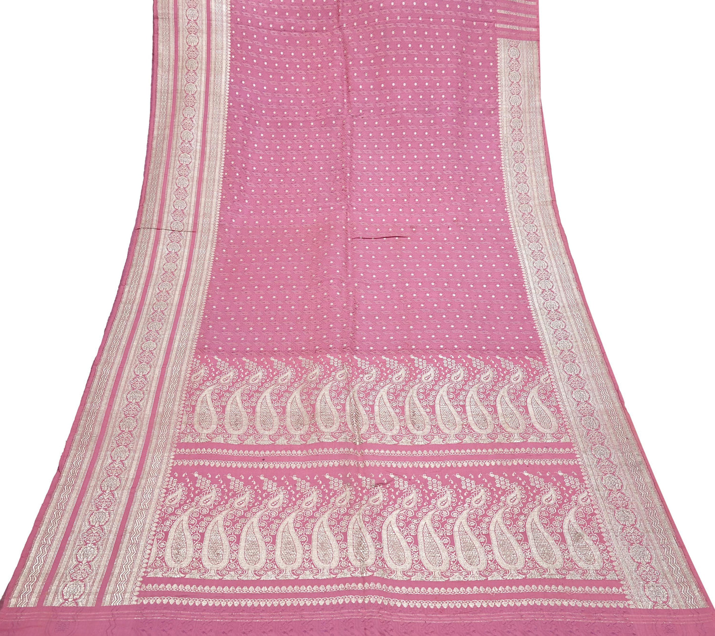 Indian Vintage Sari Heavy Wedding Pink Pure Satin Silk Woven Brocade Banarasi Sarees Silver Zari 5Yd Dress making Crafting Upcycle