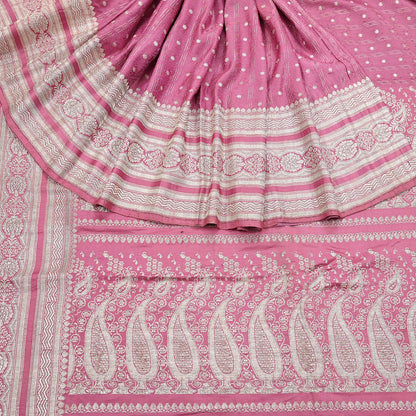 Indian Vintage Sari Heavy Wedding Pink Pure Satin Silk Woven Brocade Banarasi Sarees Silver Zari 5Yd Dress making Crafting Upcycle