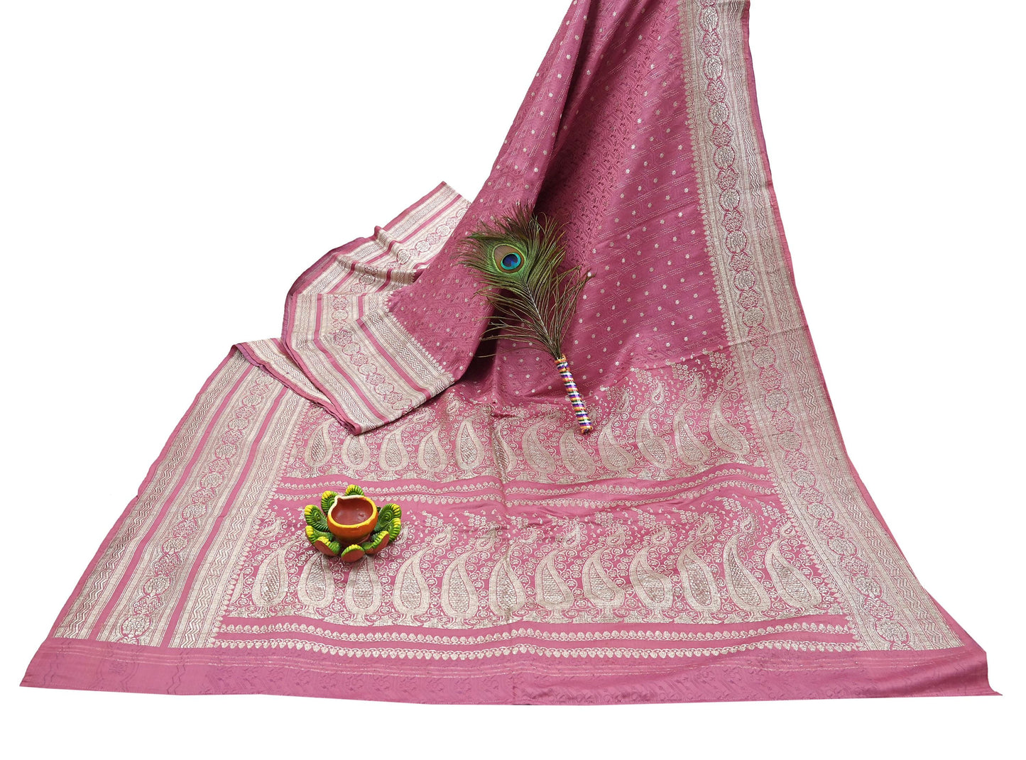 Indian Vintage Sari Heavy Wedding Pink Pure Satin Silk Woven Brocade Banarasi Sarees Silver Zari 5Yd Dress making Crafting Upcycle