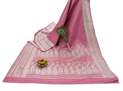 Indian Vintage Sari Heavy Wedding Pink Pure Satin Silk Woven Brocade Banarasi Sarees Silver Zari 5Yd Dress making Crafting Upcycle