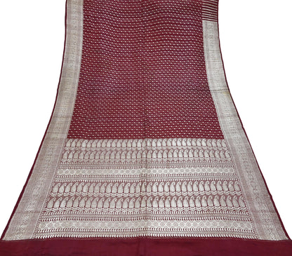 Indian Vintage Sari Maroon Heavy Wedding Pure Satin Silk Woven Banarasi Brocade Saree Zari 5Yd Dress making Crafting Quilting