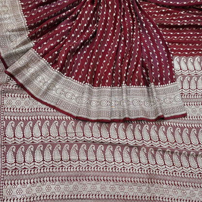 Indian Vintage Sari Maroon Heavy Wedding Pure Satin Silk Woven Banarasi Brocade Saree Zari 5Yd Dress making Crafting Quilting