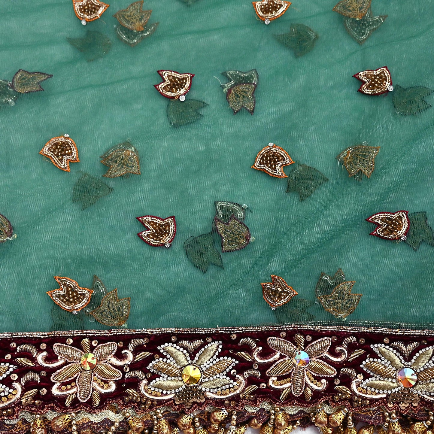 Indian Vintage Heavy Bridal Green Dupatta Net Mesh Long Stole Hand Embroidered Scarf Zardozi Zari Sequins Wedding Stole Veil hijab