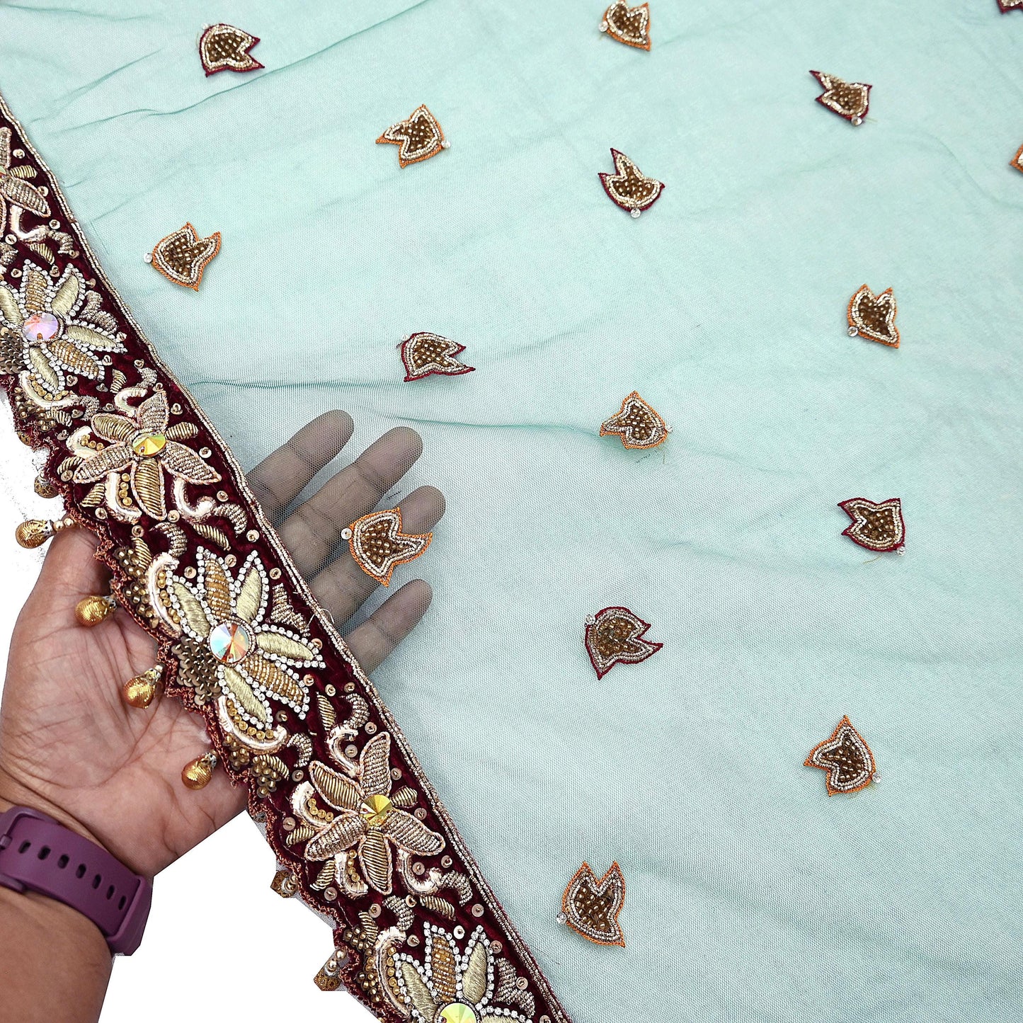 Indian Vintage Heavy Bridal Green Dupatta Net Mesh Long Stole Hand Embroidered Scarf Zardozi Zari Sequins Wedding Stole Veil hijab