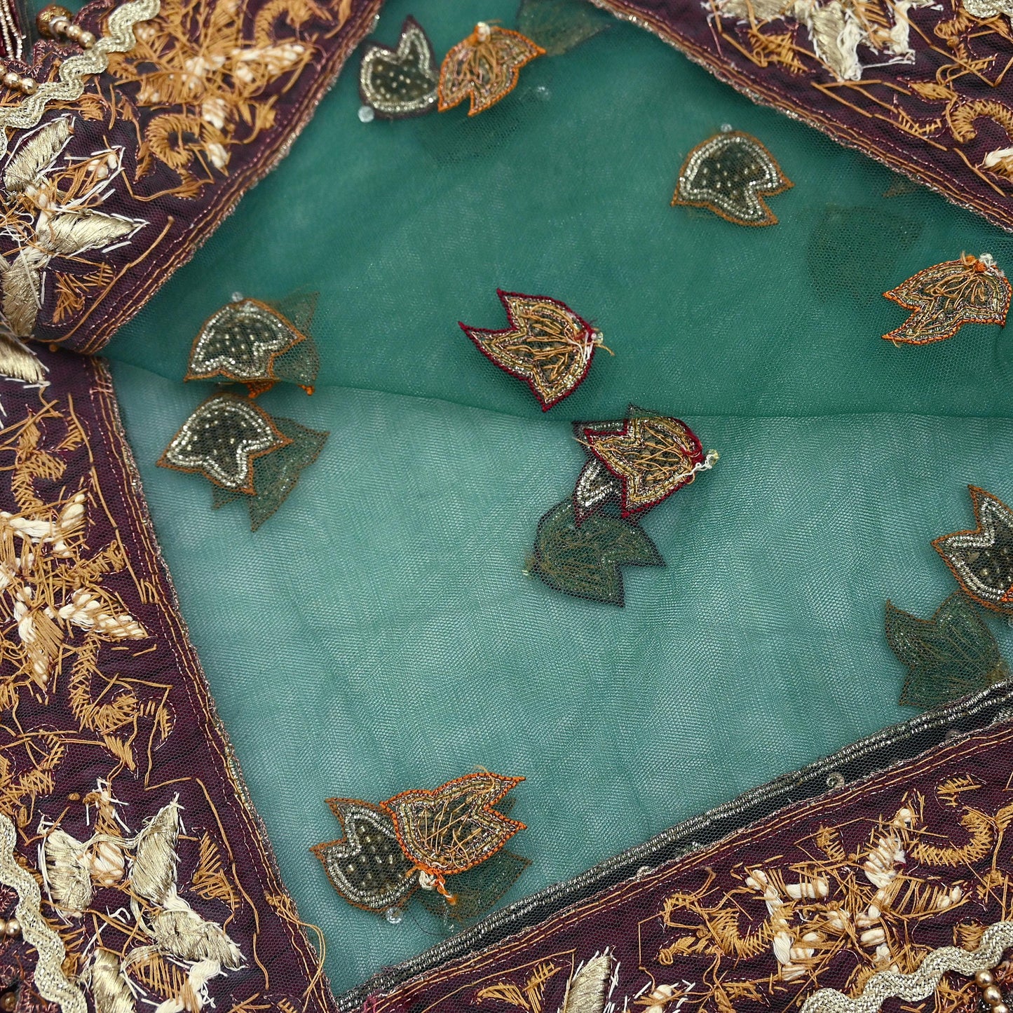 Indian Vintage Heavy Bridal Green Dupatta Net Mesh Long Stole Hand Embroidered Scarf Zardozi Zari Sequins Wedding Stole Veil hijab