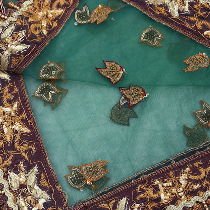 Indian Vintage Heavy Bridal Green Dupatta Net Mesh Long Stole Hand Embroidered Scarf Zardozi Zari Sequins Wedding Stole Veil hijab