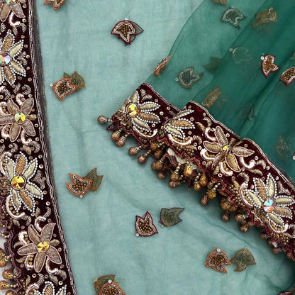 Indian Vintage Heavy Bridal Green Dupatta Net Mesh Long Stole Hand Embroidered Scarf Zardozi Zari Sequins Wedding Stole Veil hijab